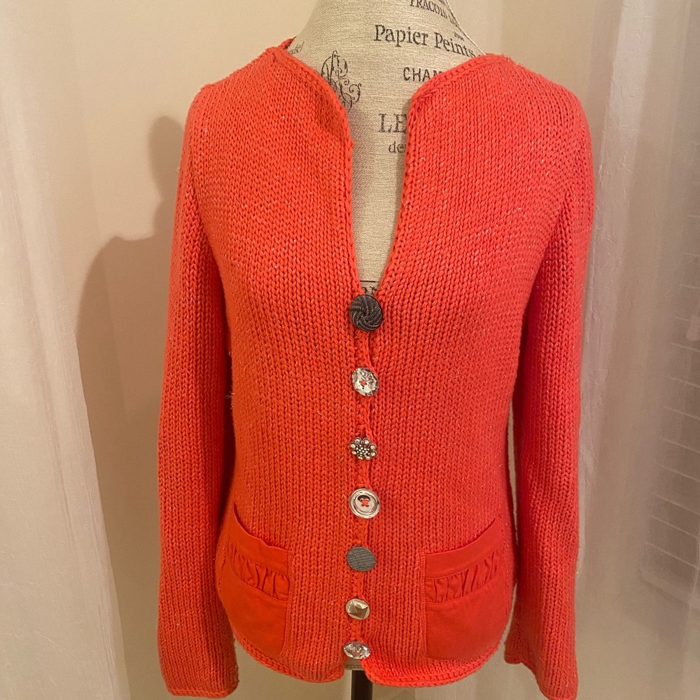 Pure Knit Pink Cardigan Sweater with Ribbed Knit Colorful Buttons
